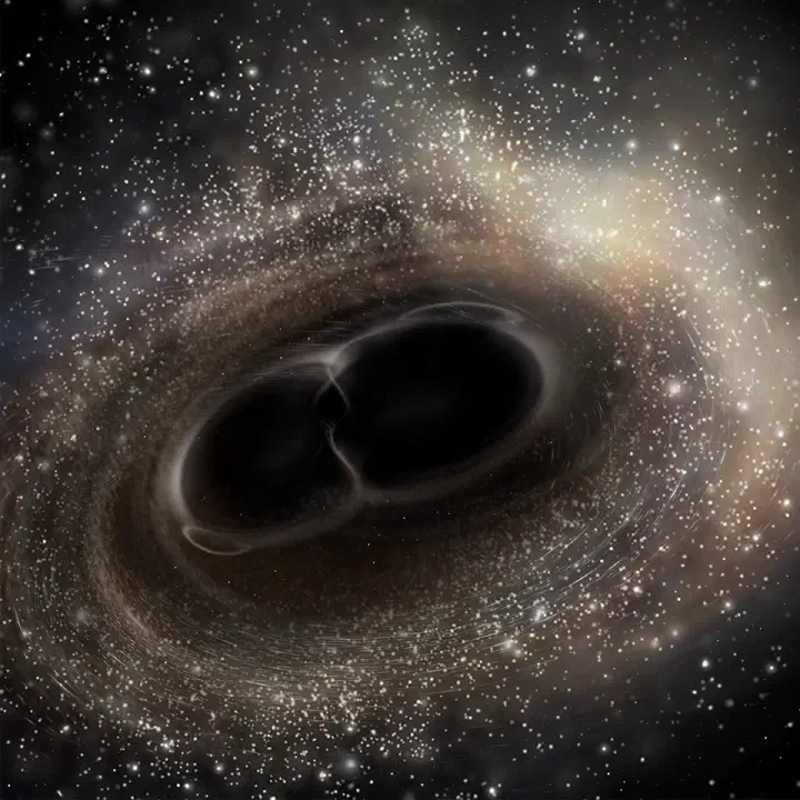 Artist's illustration of the merging binary black hole GW150914. Image: LIGO/A. Simonnet.