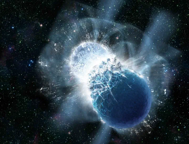 Artist's impression of colliding neutron stars. Image: Dana Berry, skyworksdigital.com.