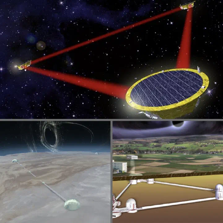 Artist's conceptions of the space-based LISA observatory (top), Cosmic Explorer (bottom left), and the Einstein Telescope (bottom right). Images: Astrium / cosmicexplorer.org / et-gw.eu.